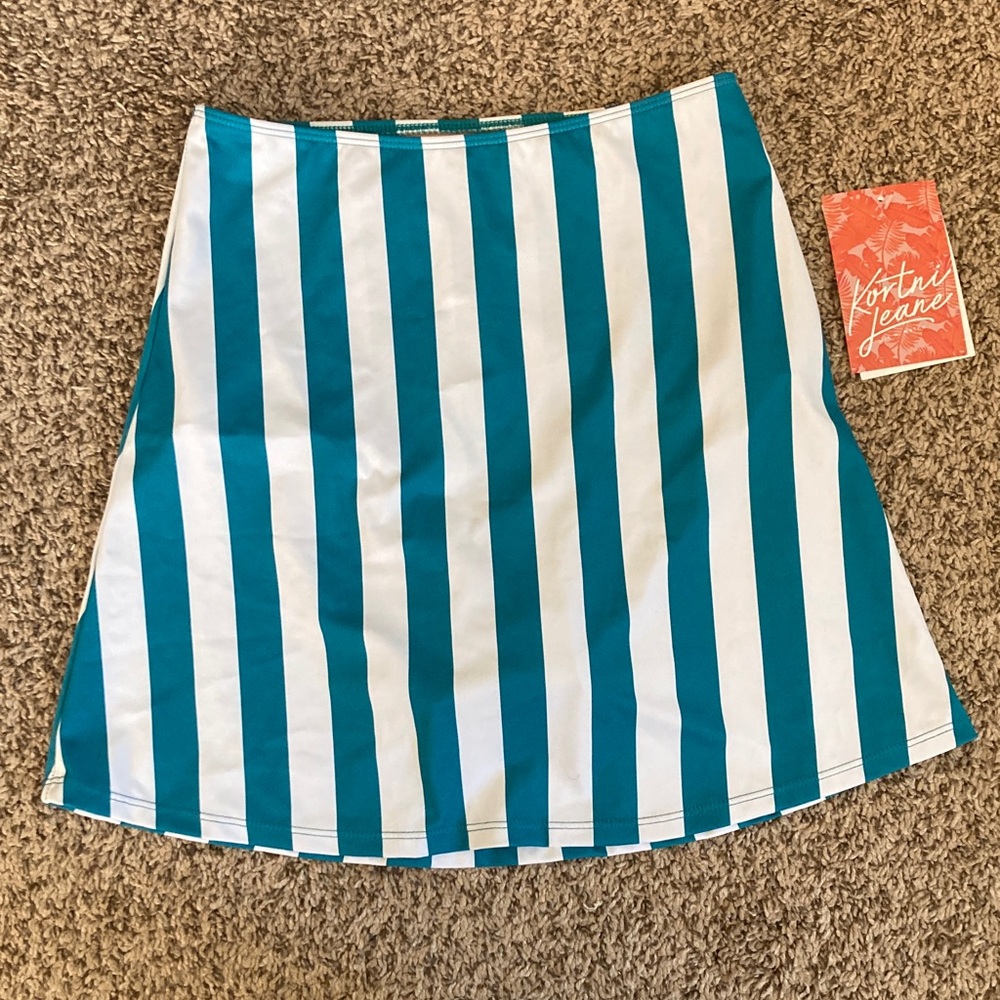 Kortni Jeane Teal and White Striped Swim Skirt